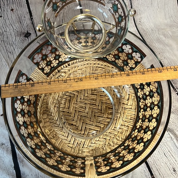 Vintage Mid Century chip dip glass bowl gold leaf green quatrefoil pattern - Picture 5 of 7